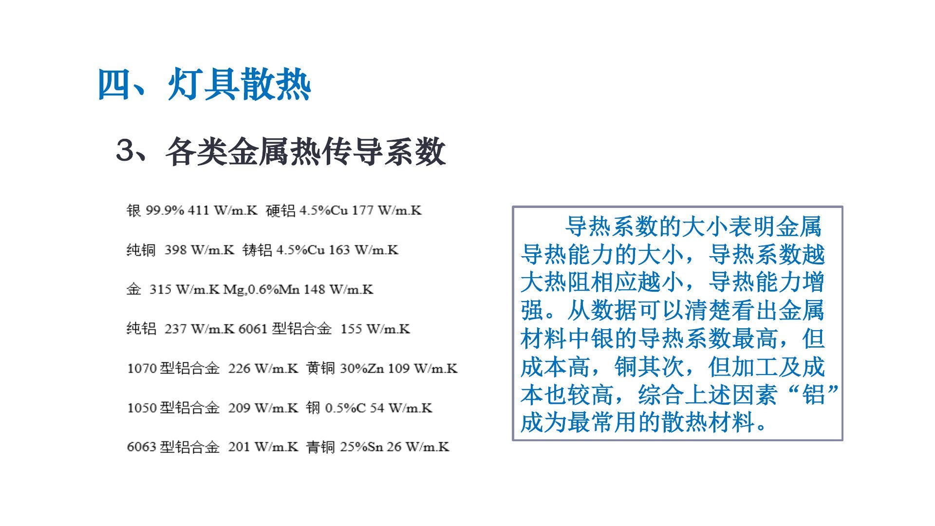 金属导热能力不同,影响灯体材料和结构选择。
