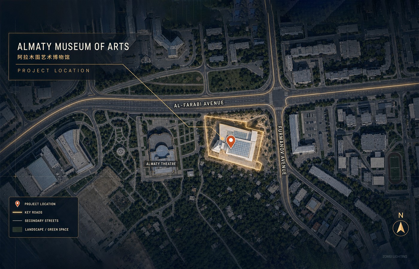 博物馆日景或城市区位图｜Almaty Museum of Arts daytime building and city location view